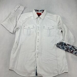 Platini Jeans Cougar Shirt‎ Mens XL White Western Paisley Trim Contrast Cowboy